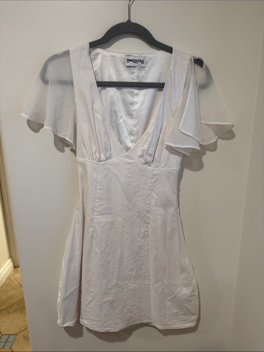 Princess Polly White V-Neck Flutter Sleeve Mini Dress